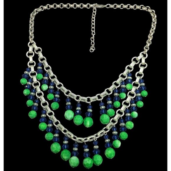 Funky Blue And Green Beaded Multilayer Fringe Necklace - Picture 1 of 6